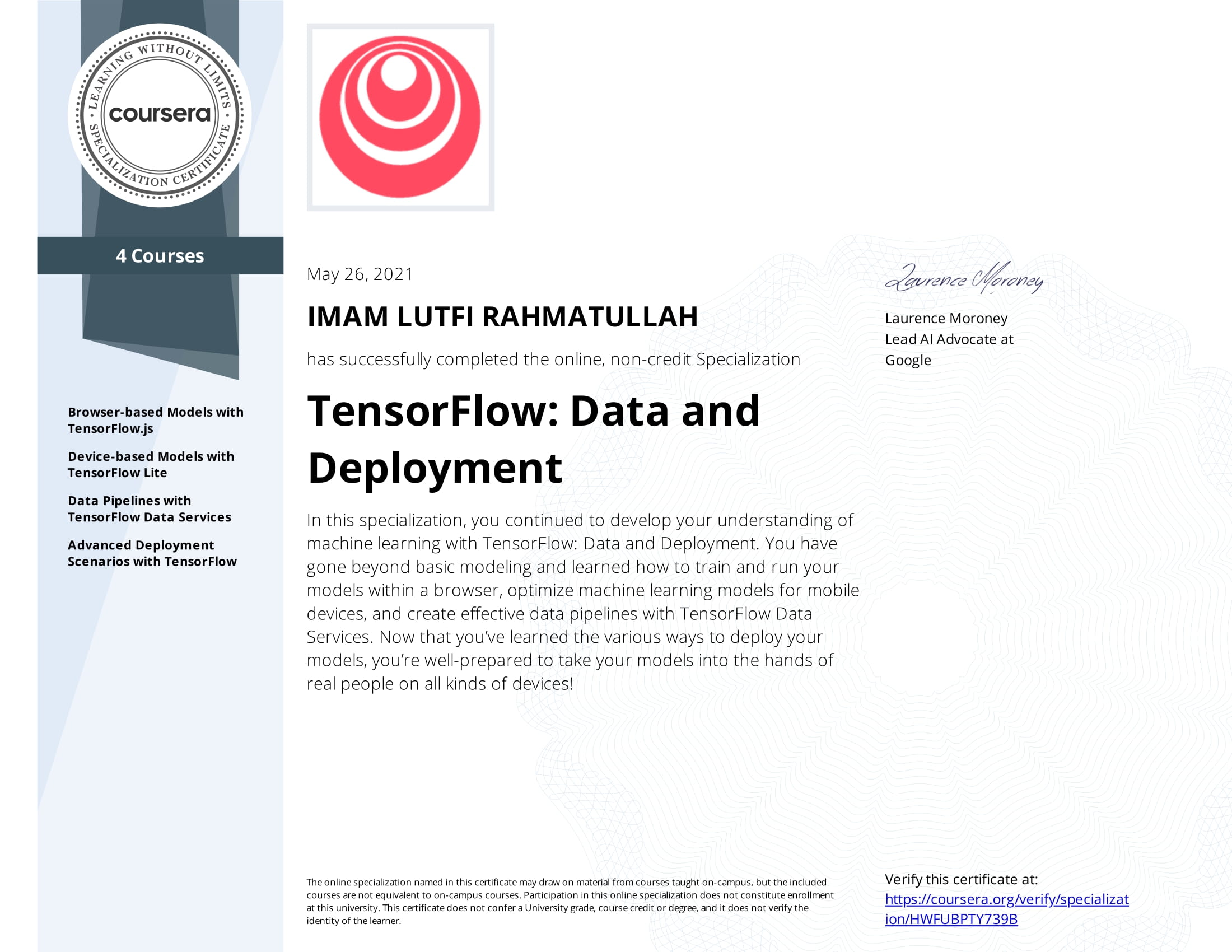 TensorFlow Data and Deployment certificate
